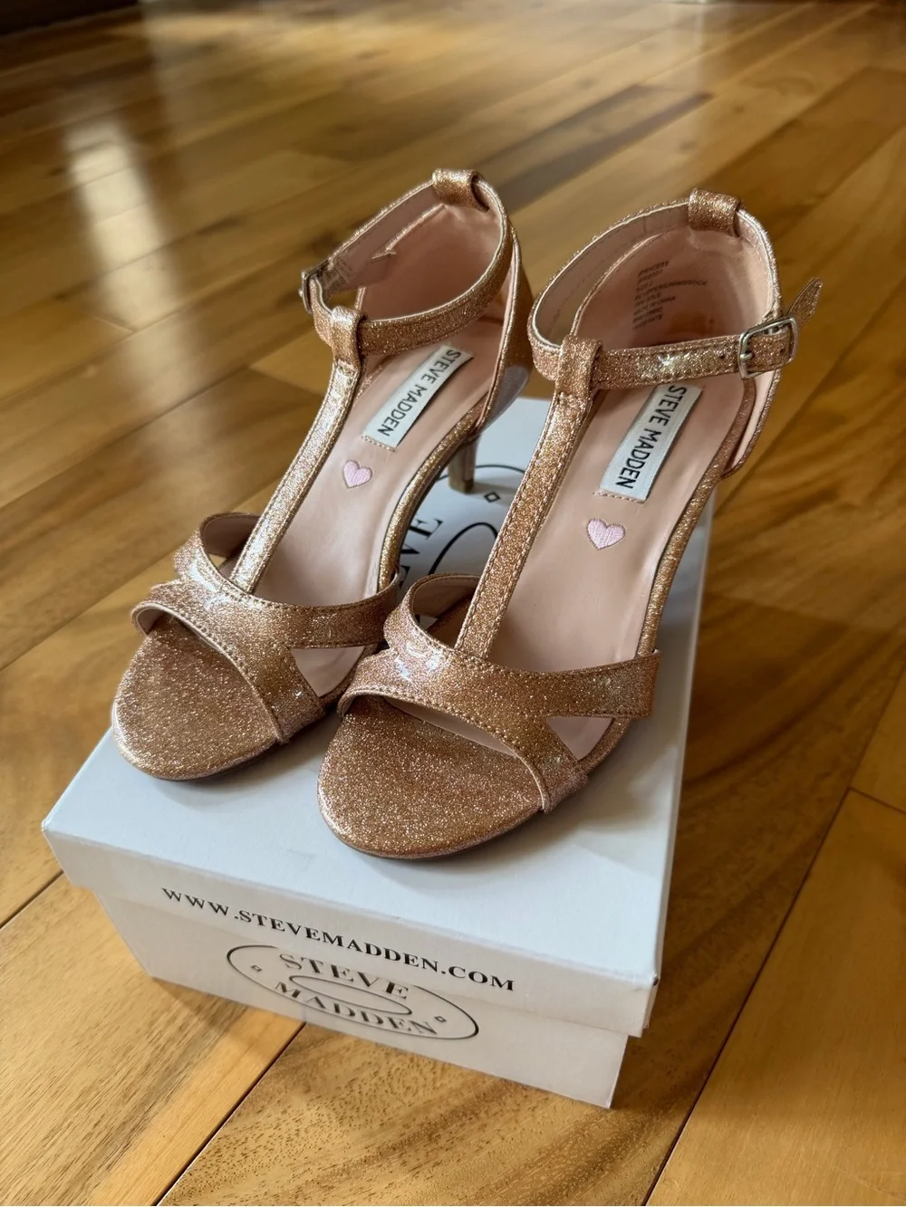 Steve Madden Rose Gold Glitter T-Strap Heels